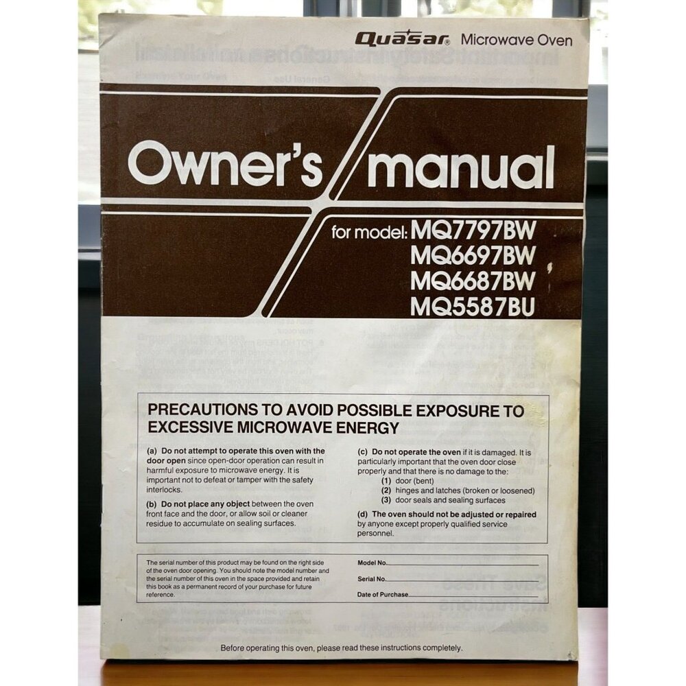 Quasar Microwave Owners Manual MQ7797BW MQ6697BW MQ6687BW MQ5587BU Vintage 1987